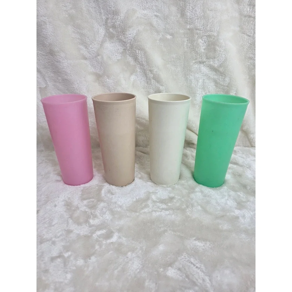 Tupperware Tumblers Set of 4 Pastel Pink Tan Cream Green Vintage Plastic Cups